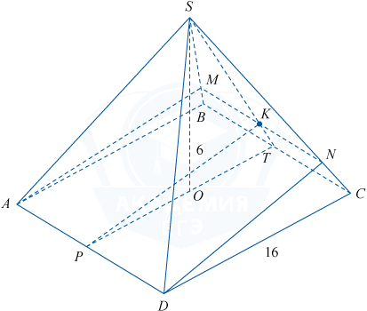 Четырехугольная пирамида SABCD с сечением и отмеченной точкой P на отрезке AD