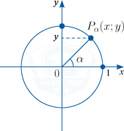 Единичная окружность с ординатой точки и углом \alpha
