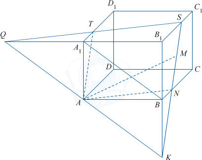 Куб ABCDA_1B_1C_1D_1 с прямыми и точками пересечения