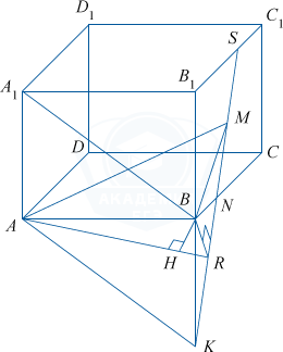 Куб ABCDA_1B_1C_1D_1 с прямыми, точками пересечения и отрезками
