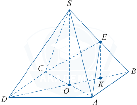 Правильная четырёхугольная пирамида SABCD и точка E на середине ребра SB
