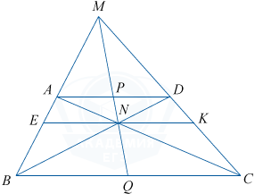 Трапеция ABCD с диагоналями и точками пересечения боковых сторон и диагоналей